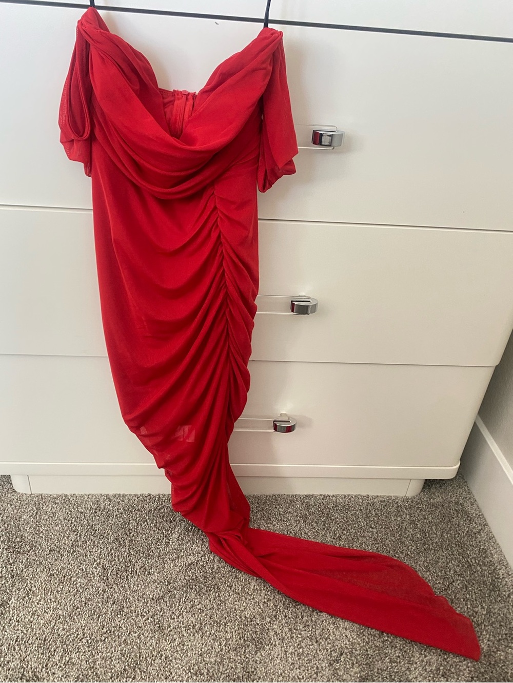 Red Ruched Off-Shoulder High-slit Dress - Picture 3 of 5